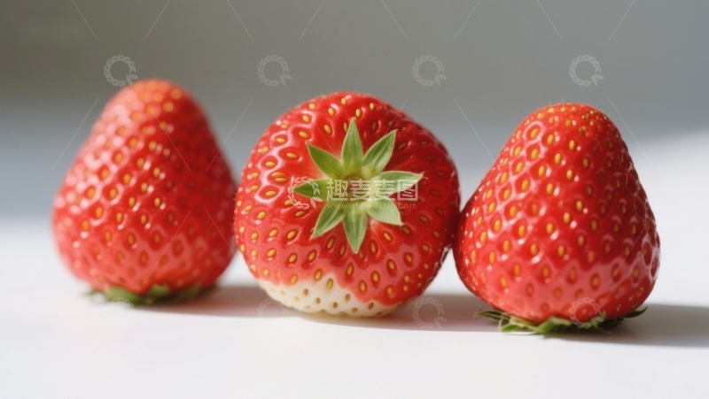 高清大图下载【趣麦麦图】三颗新鲜草莓并排展示