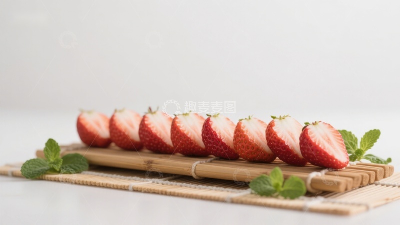高清大图下载【趣麦麦图】新鲜草莓切片排列在竹制托盘上