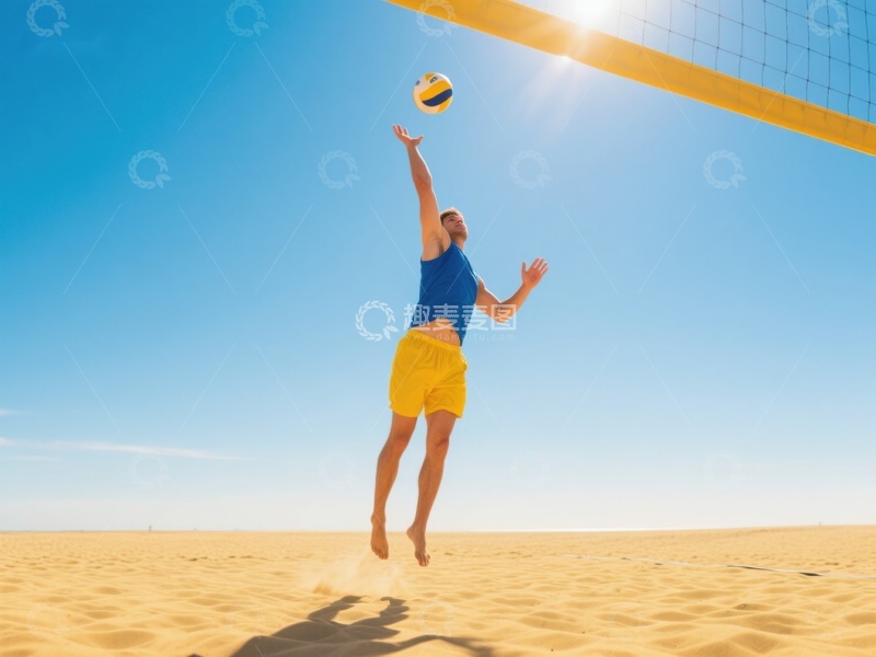 高清大图下载【趣麦麦图】沙滩排球运动员跃起击球瞬间