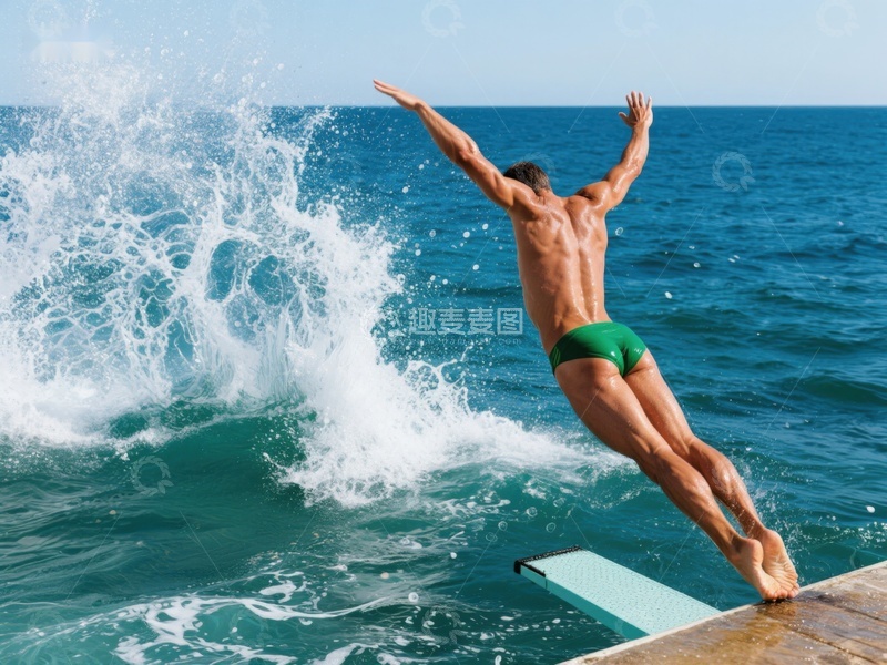 高清大图下载【趣麦麦图】男子跃入海中，水花四溅