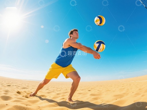 沙滩排球运动员专注击球瞬间