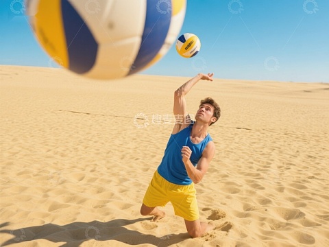 沙滩排球：男子专注击球瞬间