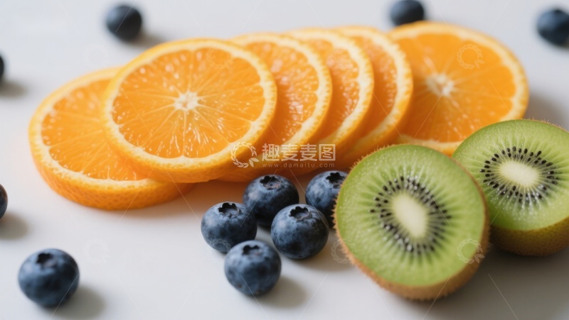 高清大图下载【趣麦麦图】新鲜水果切片：橙子、猕猴桃与蓝莓