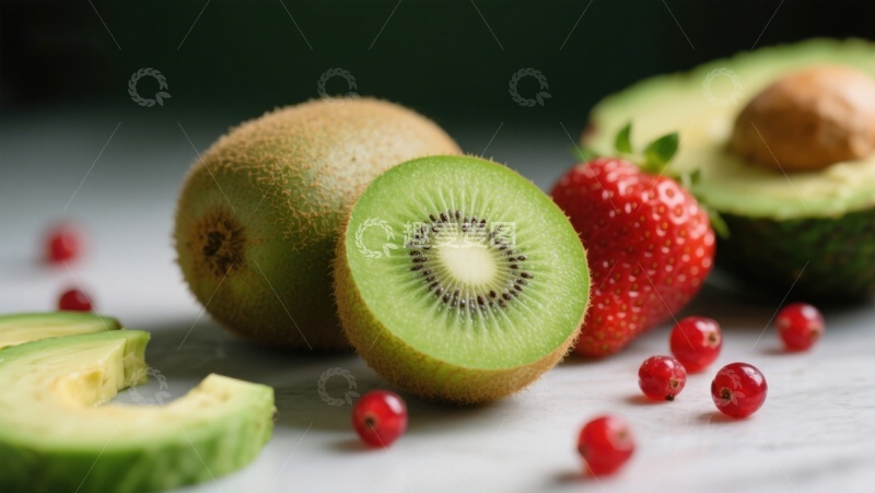 高清大图下载【趣麦麦图】新鲜水果组合：奇异果、草莓与浆果