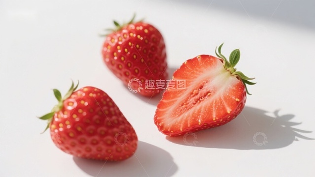 新鲜草莓特写，一颗切半展示