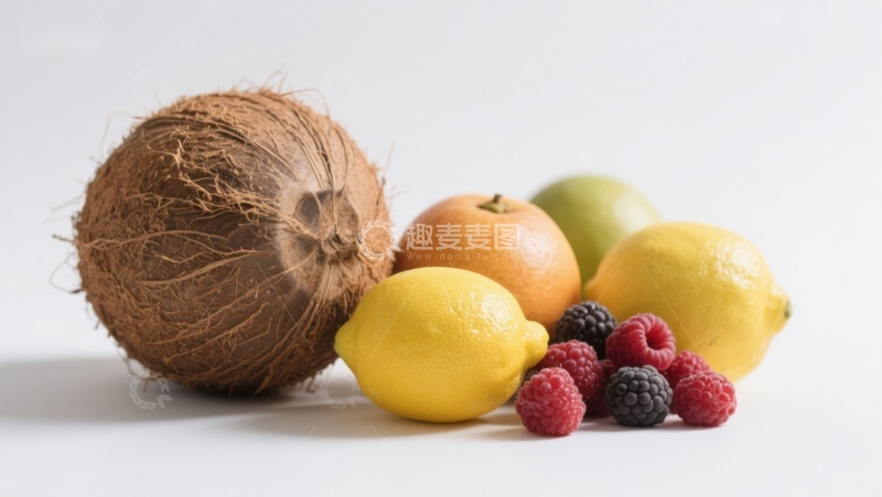 高清大图下载【趣麦麦图】新鲜水果组合：椰子、柠檬与浆果
