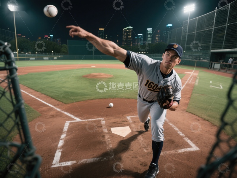 高清大图下载【趣麦麦图】-夜幕下棒球投手的精准投掷