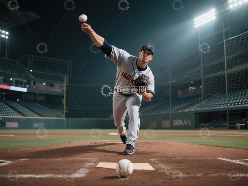 高清大图下载【趣麦麦图】棒球投手在夜晚球场投球瞬间