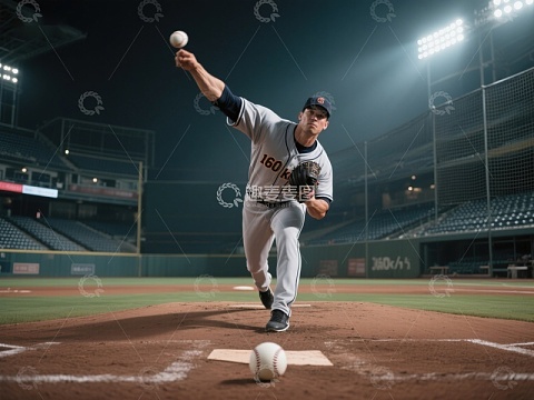 棒球投手在夜晚球场投球瞬间