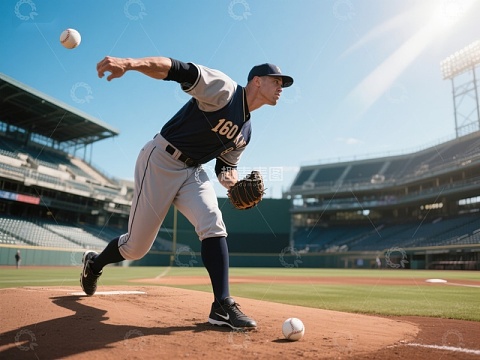 棒球投手在比赛中投球瞬间