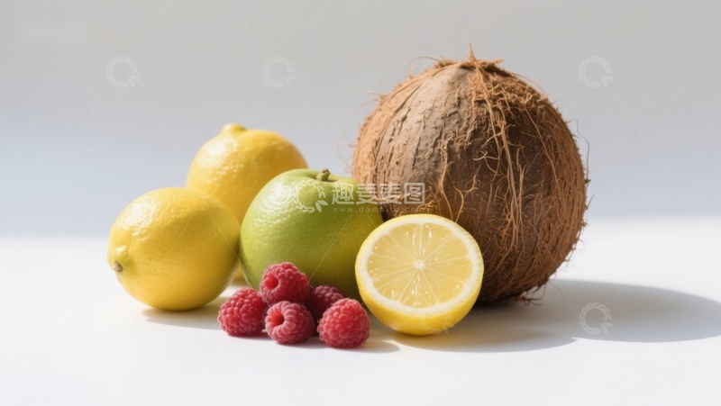 高清大图下载【趣麦麦图】新鲜水果组合：柠檬、椰子与覆盆子