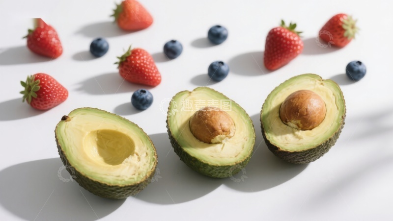 高清大图下载【趣麦麦图】新鲜水果组合：牛油果、草莓与蓝莓