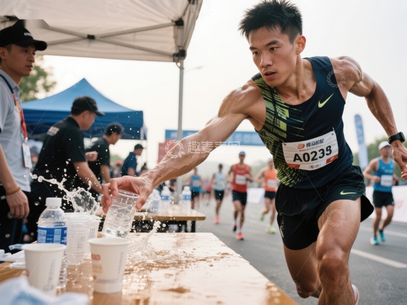 高清大图下载【趣麦麦图】马拉松选手冲刺补水瞬间