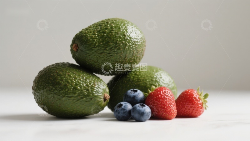 高清大图下载【趣麦麦图】新鲜水果组合：牛油果、草莓与蓝莓