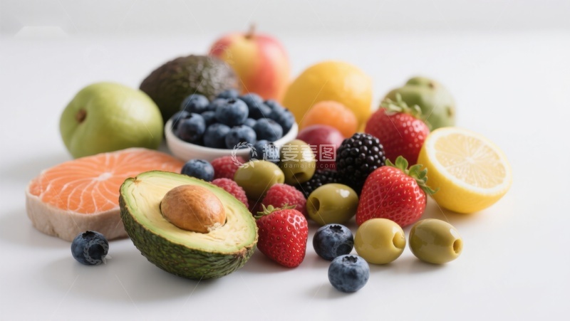 高清大图下载【趣麦麦图】新鲜水果与三文鱼的健康组合