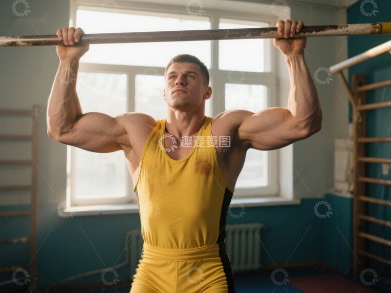 高清大图下载【趣麦麦图】男子在健身房进行单杠训练