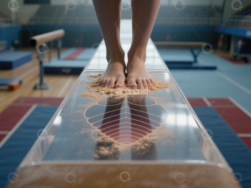 高清大图下载【趣麦麦图】运动员脚踏平衡木，沙粒散落