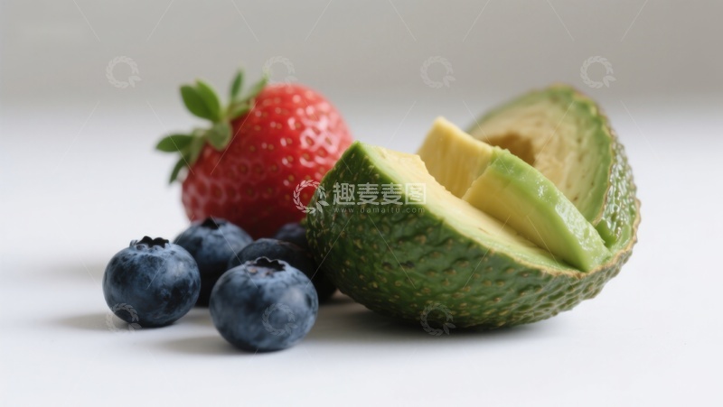 高清大图下载【趣麦麦图】新鲜水果组合：草莓、蓝莓与牛油果