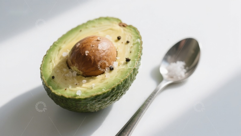 高清大图下载【趣麦麦图】撒盐牛油果半颗与勺子