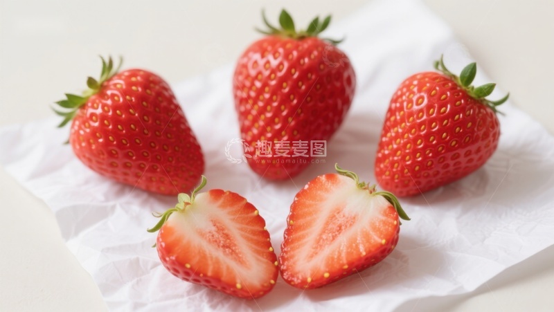 高清大图下载【趣麦麦图】新鲜草莓特写，色泽鲜艳诱人