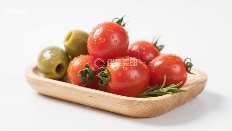 高清大图下载【趣麦麦图】新鲜樱桃番茄与青橄榄置于木盘