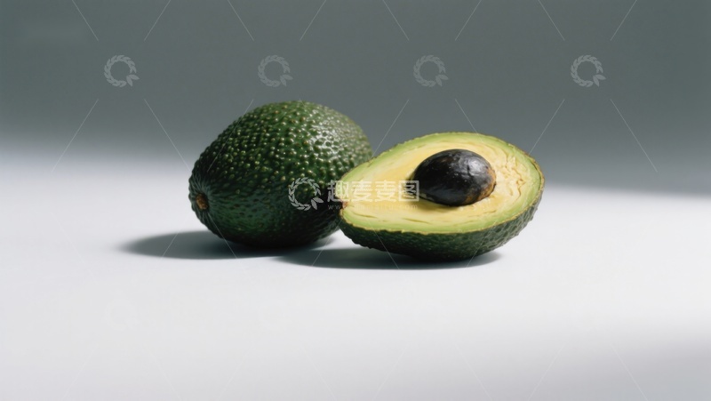 高清大图下载【趣麦麦图】新鲜牛油果，一半切开展示果肉