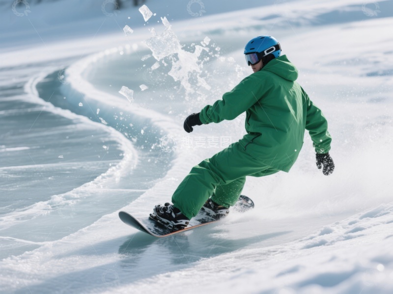 高清大图下载【趣麦麦图】雪地滑行：绿色装扮的滑雪者