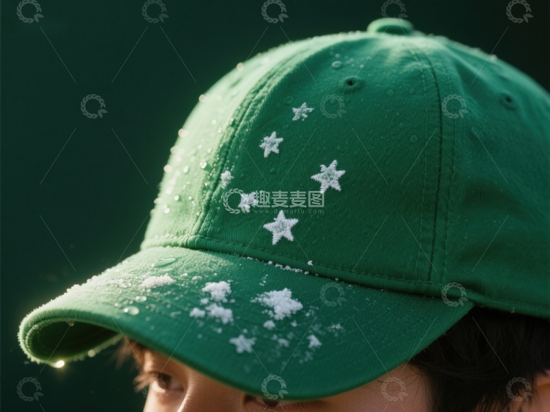 高清大图下载【趣麦麦图】绿色帽子上的雪花与水珠