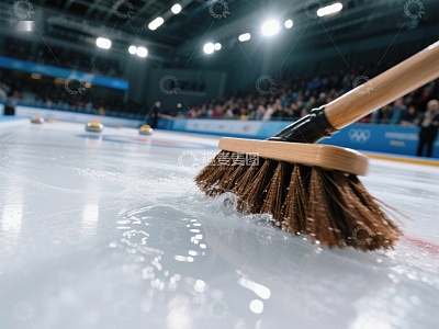 冰壶比赛中的扫帚特写