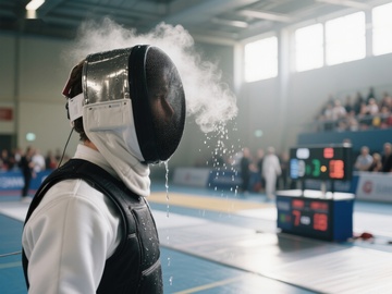 击剑选手比赛瞬间，面罩蒸汽弥漫