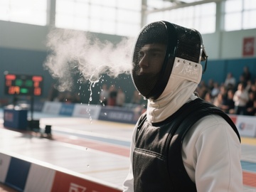 击剑选手在比赛中喷水降温