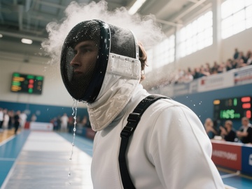 击剑选手比赛瞬间，汗水四溅