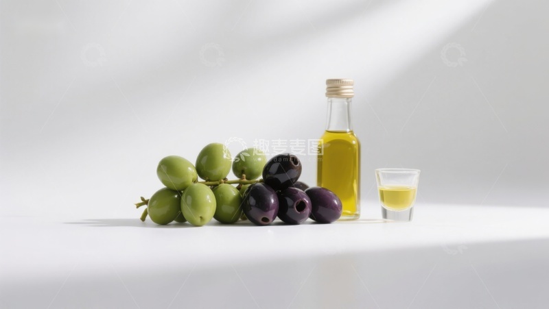 高清大图下载【趣麦麦图】橄榄与橄榄油的静物组合