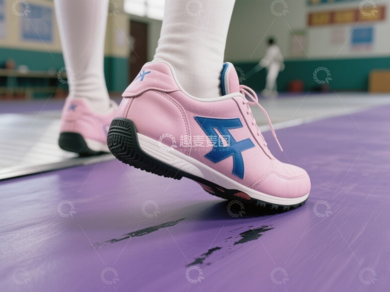 高清大图下载【趣麦麦图】粉色运动鞋特写，背景为室内体育场景