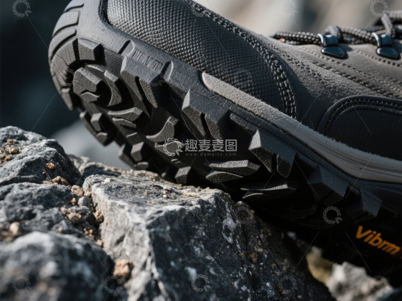 高清大图下载【趣麦麦图】登山鞋特写：坚固鞋底与岩石