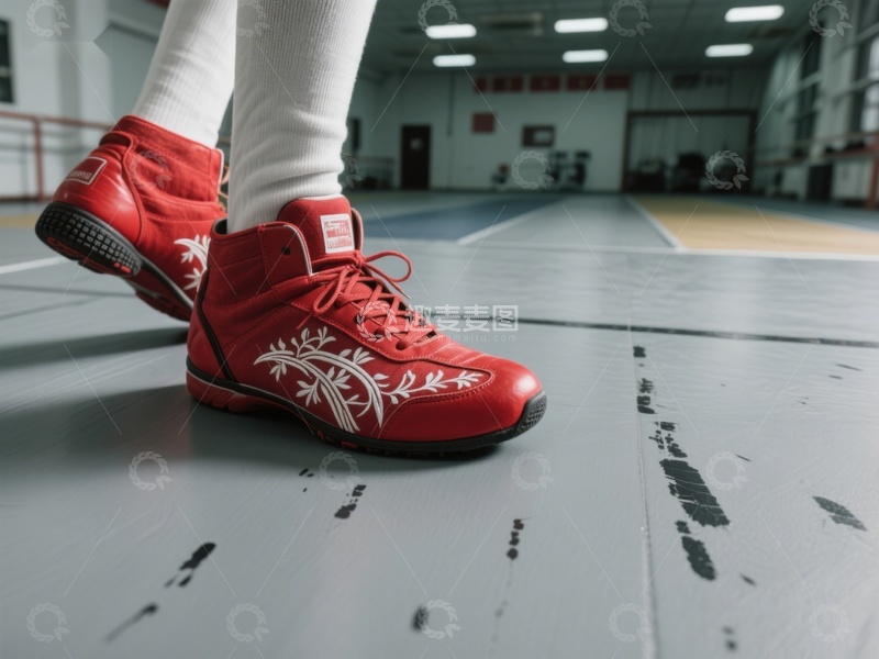 高清大图下载【趣麦麦图】红色拳击鞋在体育馆地板上