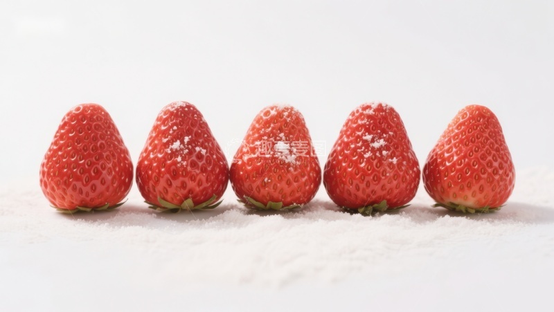 高清大图下载【趣麦麦图】五颗草莓排成一列，表面撒有糖粉