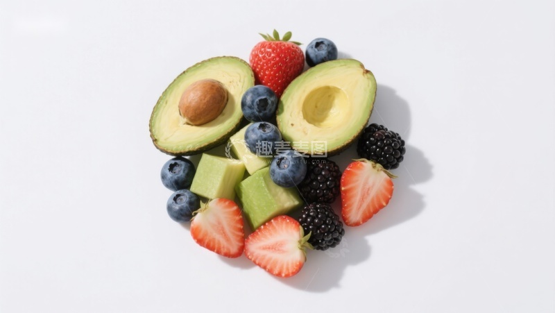 高清大图下载【趣麦麦图】新鲜水果拼盘：牛油果、草莓与蓝莓
