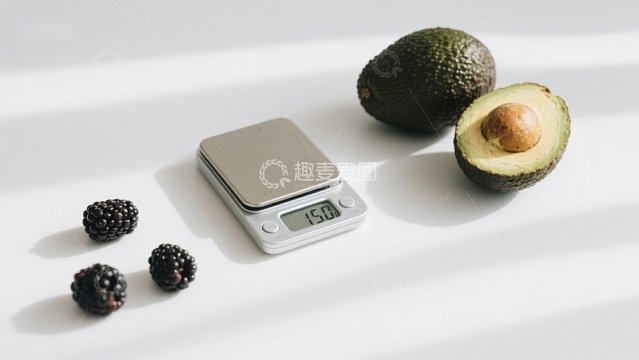 电子秤旁的牛油果与黑莓