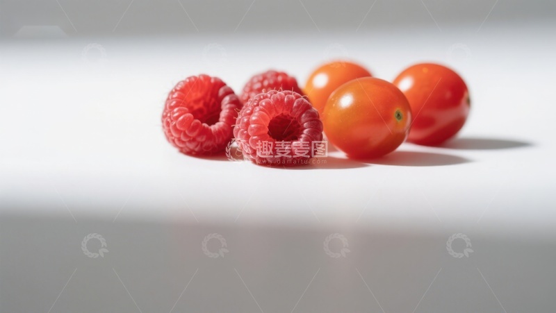 高清大图下载【趣麦麦图】新鲜覆盆子与樱桃番茄的静物组合