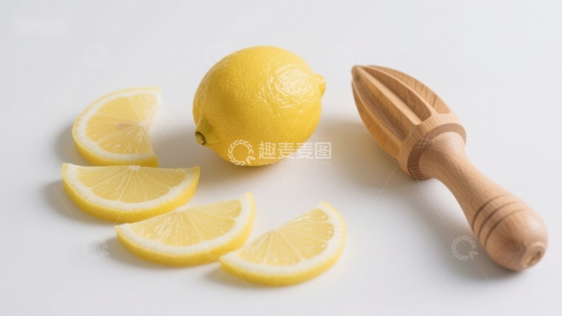 高清大图下载【趣麦麦图】新鲜柠檬与木质榨汁器