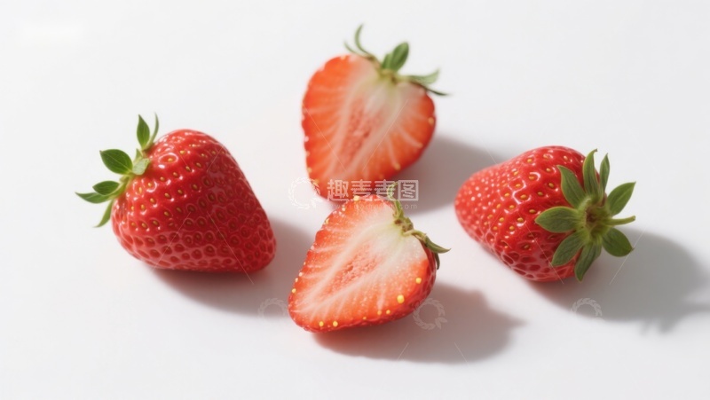 高清大图下载【趣麦麦图】新鲜草莓特写，部分切开展示