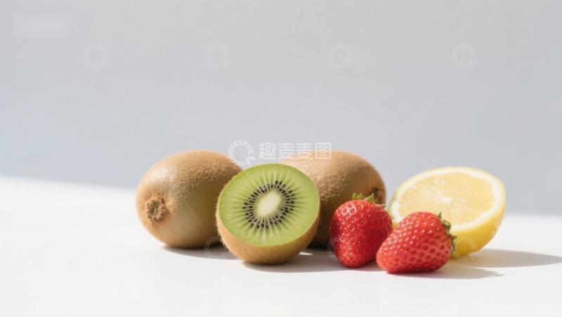 高清大图下载【趣麦麦图】新鲜水果组合：猕猴桃、草莓与柠檬