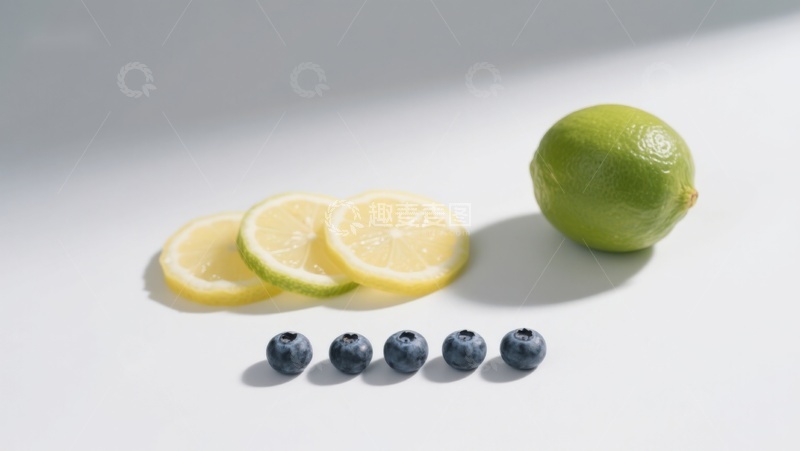 高清大图下载【趣麦麦图】青柠切片与蓝莓的静物组合