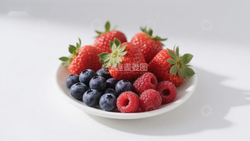 高清大图下载【趣麦麦图】新鲜草莓蓝莓覆盆子的白色碗