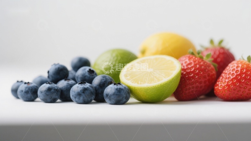 高清大图下载【趣麦麦图】新鲜水果组合：蓝莓、草莓与柑橘