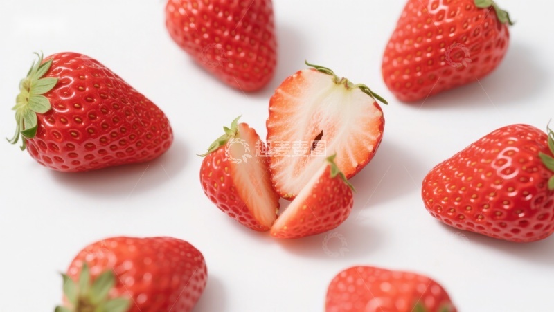 高清大图下载【趣麦麦图】新鲜草莓特写，一颗切开展示内部