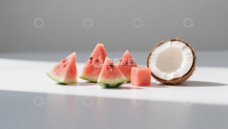 高清大图下载【趣麦麦图】西瓜切片与椰子半壳的清新组合