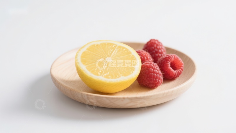 高清大图下载【趣麦麦图】柠檬切片与覆盆子置于木质盘中
