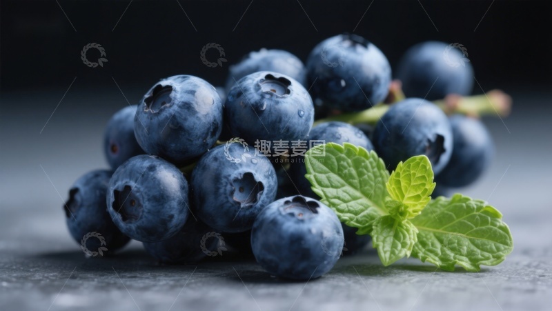 高清大图下载【趣麦麦图】新鲜蓝莓与薄荷叶特写
